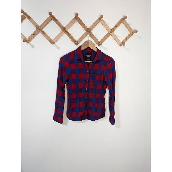 American Eagle Outfitters Women's Red and Blue Flannel Button Down Shirt - Sz Sm - Picture 1 of 6